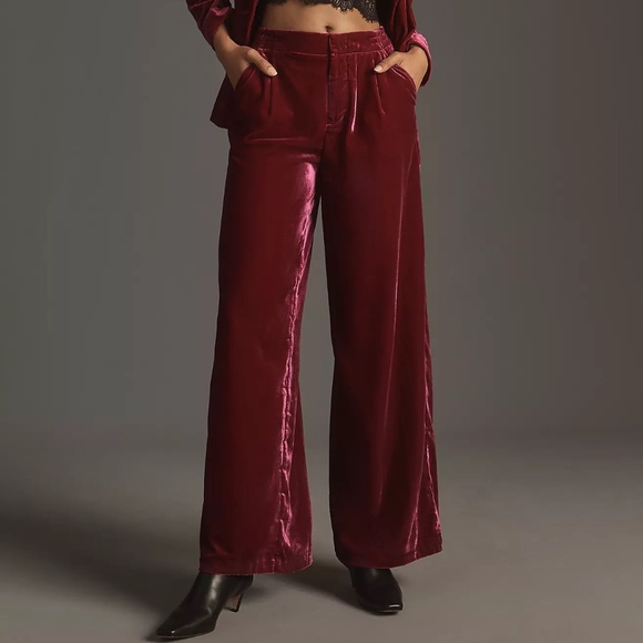 ANTHROPOLOGIE Wide-Leg Velvet Pants in Raspberry - Size Large (NWT, $148 Retail) - Picture 1 of 4